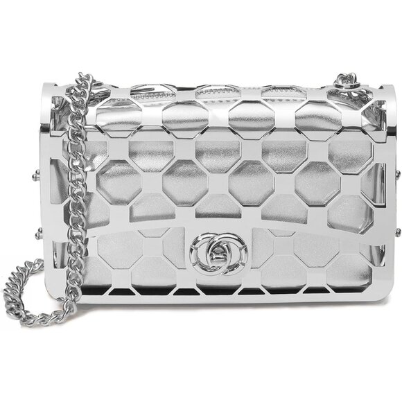⚡Women's Evening Elegant Exquisite Metal Hollow Clutch Silver Crossbody Handbag - Picture 1 of 6